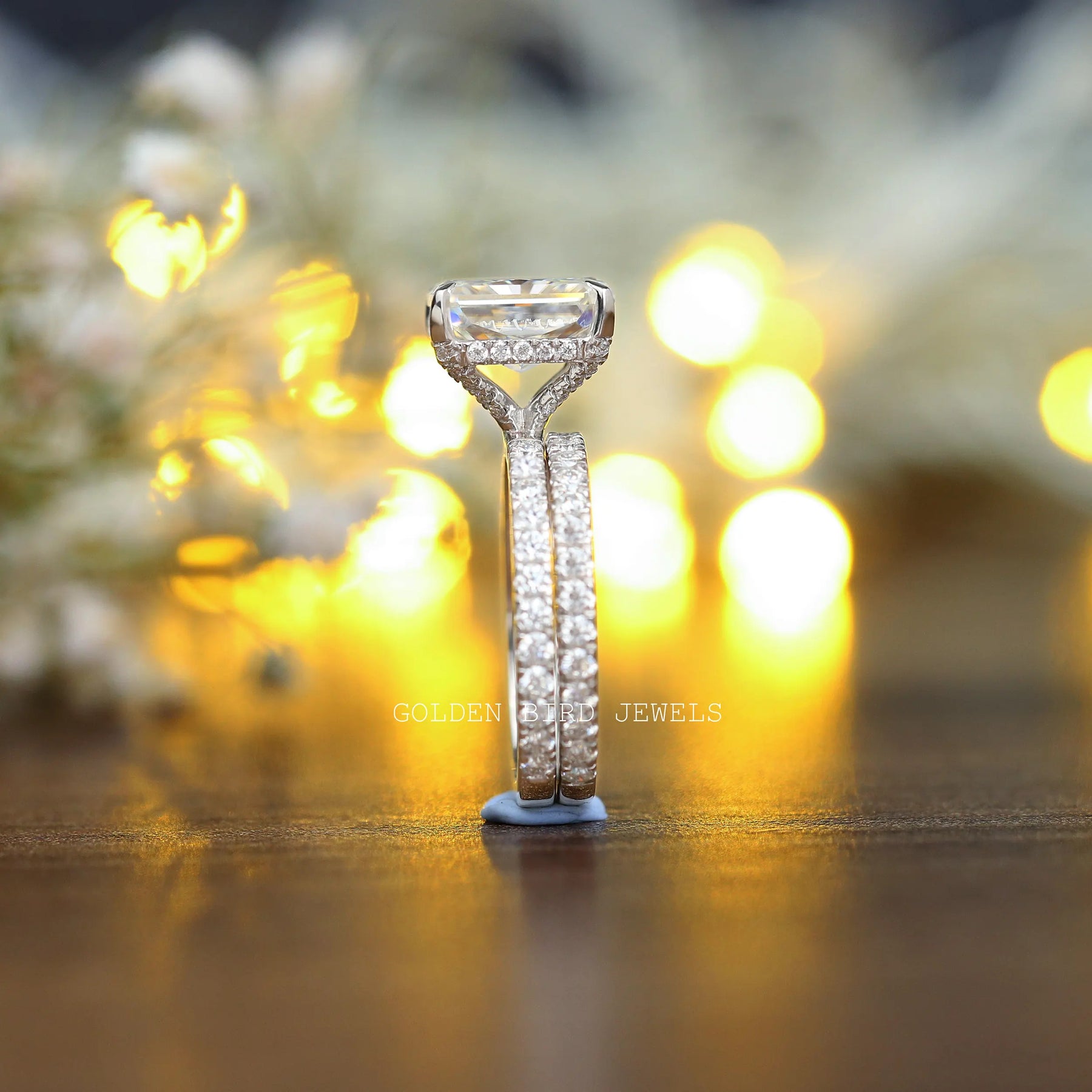 Side View Of Radiant Moissanite Hidden Halo Engagement Ring Set