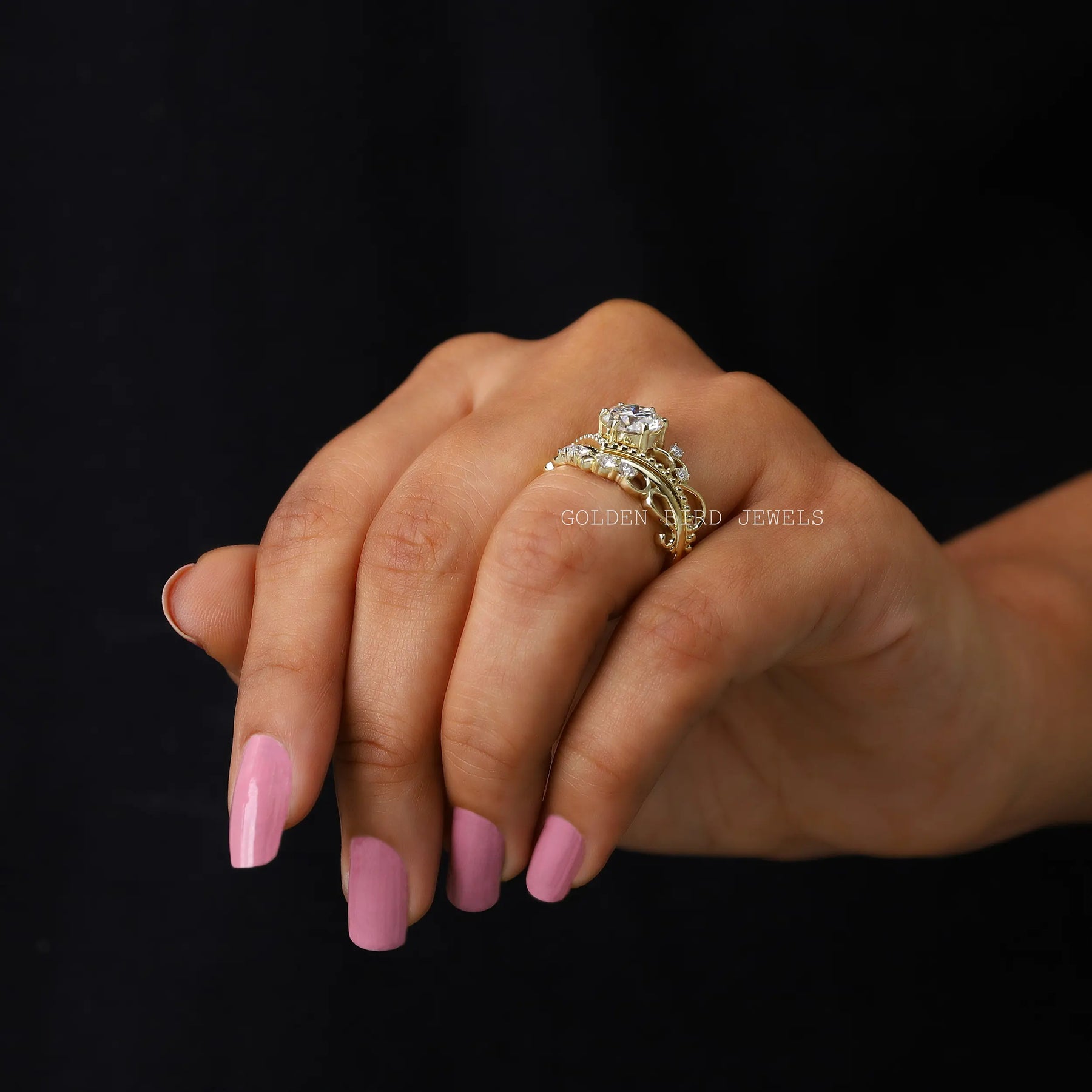 Finger front view of round cut moissanite wedding vintage ring