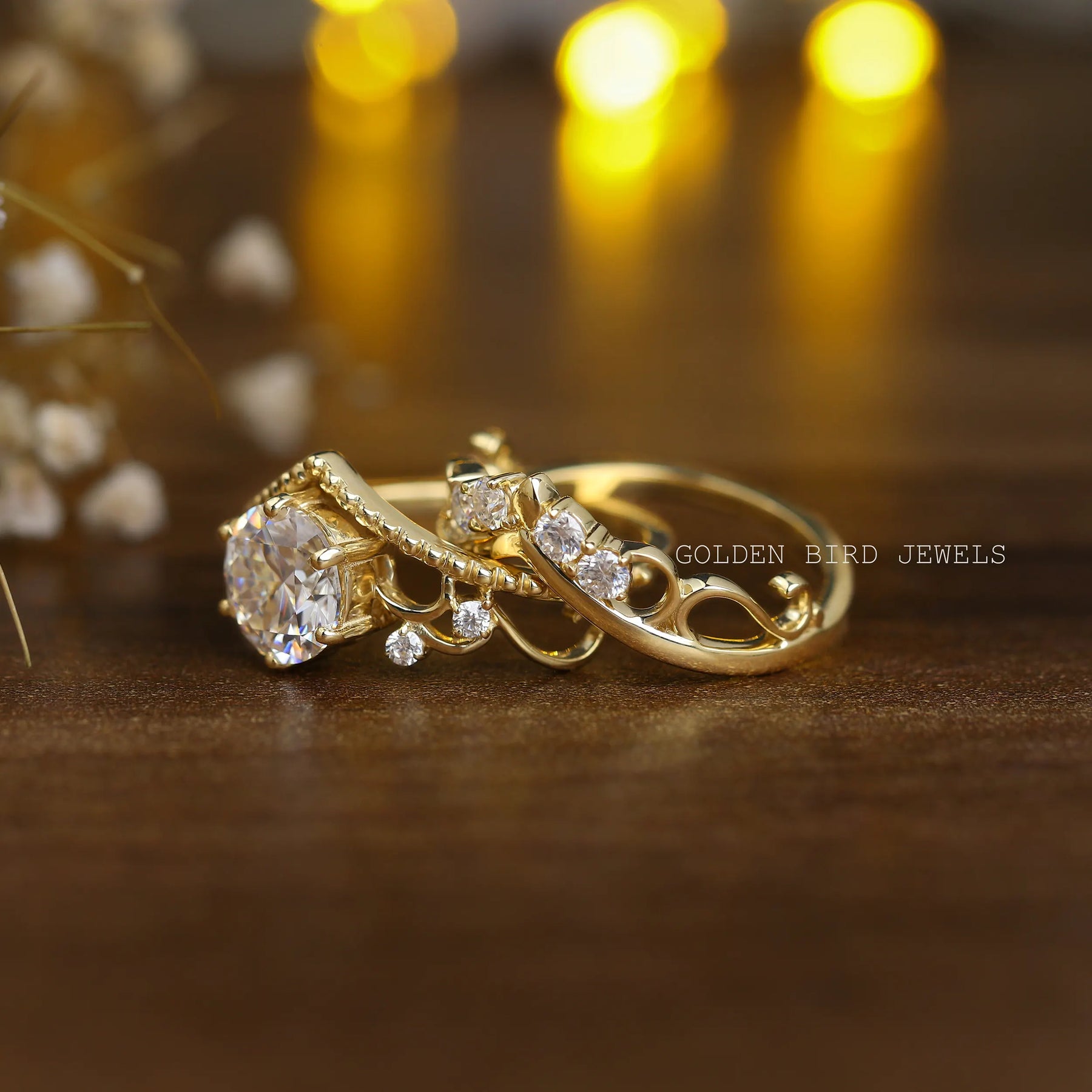 Back view of a round cut Moissanite bridal ring set with intricate vintage design