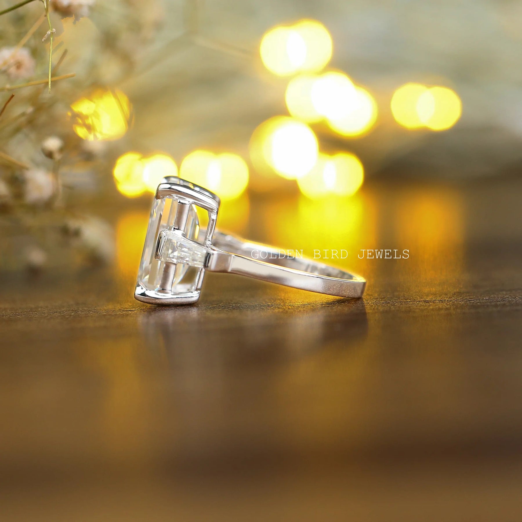 Emerald Cut Moissanite Three Stone Ring In White Gold