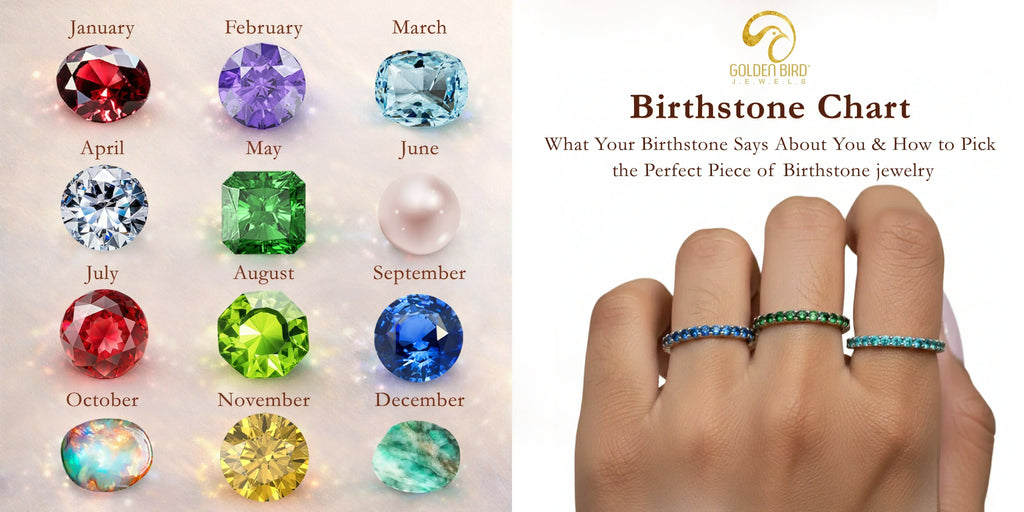 Monthly birthstones guide showing colored gemstones and birthstone rings