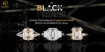Black Friday shopping guide showcasing emerald-cut engagement rings in white and yellow gold settings