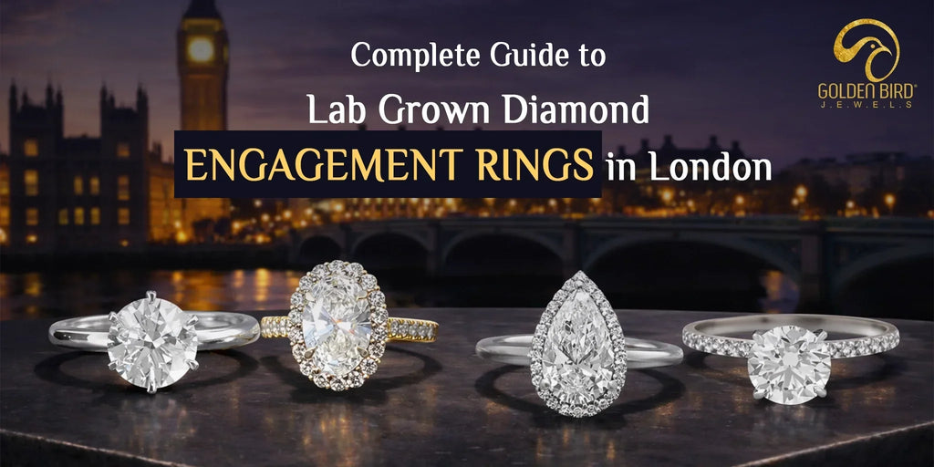 Luxury lab grown diamond engagement rings collection with London skyline background