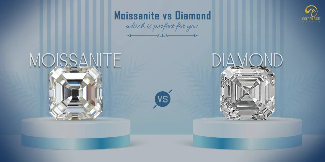 [Moissanite vs Diamond : Comparison of a sparkling round-cut diamond ring on a wooden surface.]-[golden bird jewels]