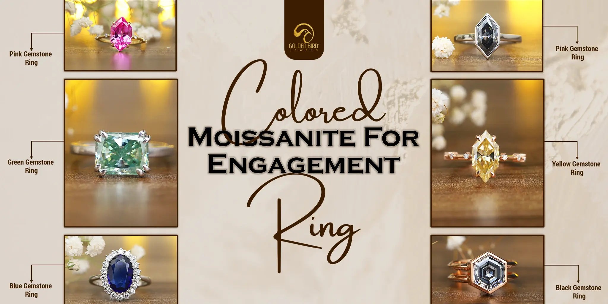 Different Colored Moissanite Engagement ring made by golden bird jewels