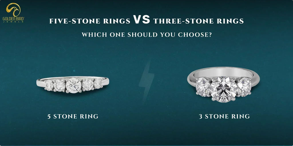 Compare five-stone and three-stone rings.