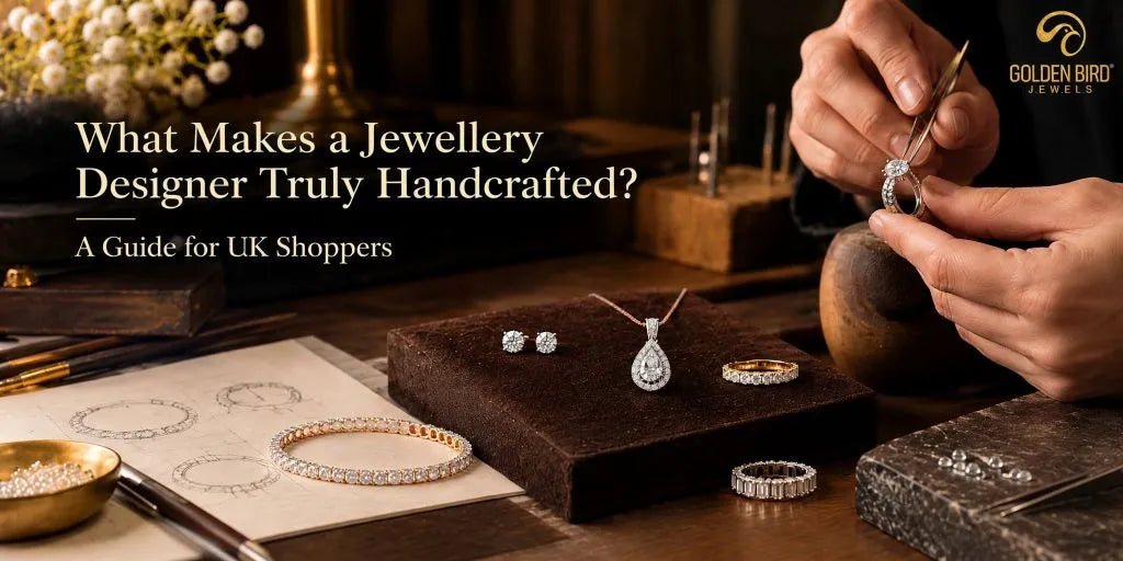 Luxury jewellery craftsmanship with moissanite earrings, eternity bands, diamond tennis bracelet and a jeweller’s precision tools