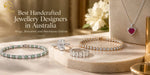 Handcrafted rings, gemstone bracelets and pendant arranged in a warm neutral setting