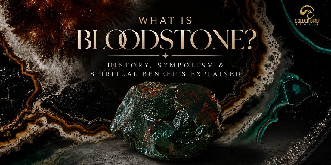 View of a raw bloodstone gemstone showcasing its deep green colour and distinctive red inclusions