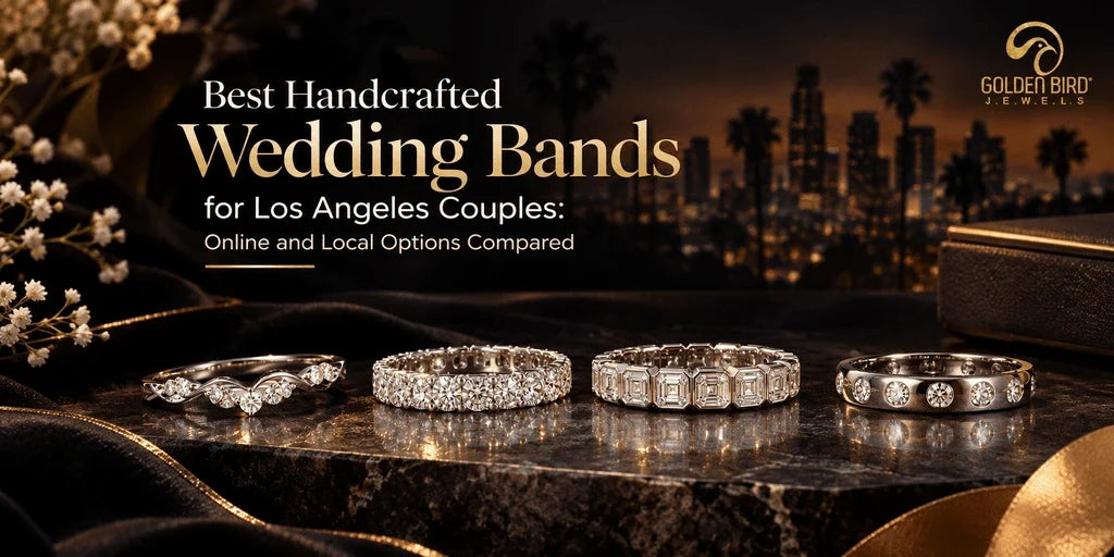 Asscher cut and round stone wedding bands arranged on reflective black marble