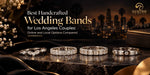 Asscher cut and round stone wedding bands arranged on reflective black marble