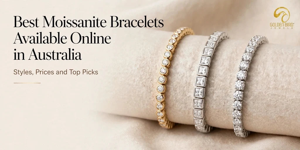 Moissanite bracelets in gold and silver with round and square cut stones