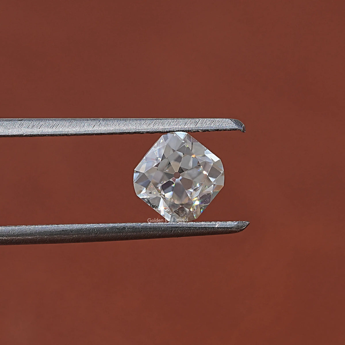 Twijer hold in  the Old Mine Cushion Cut Loose Moissanite In White Gold