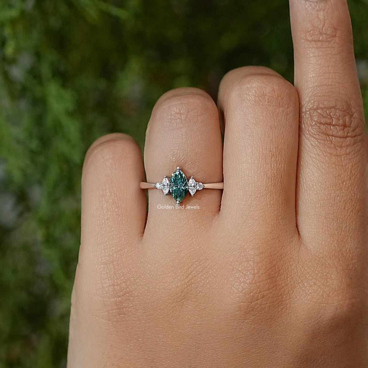 Green Marquise Moissanite Three Stone Engagement Ring
