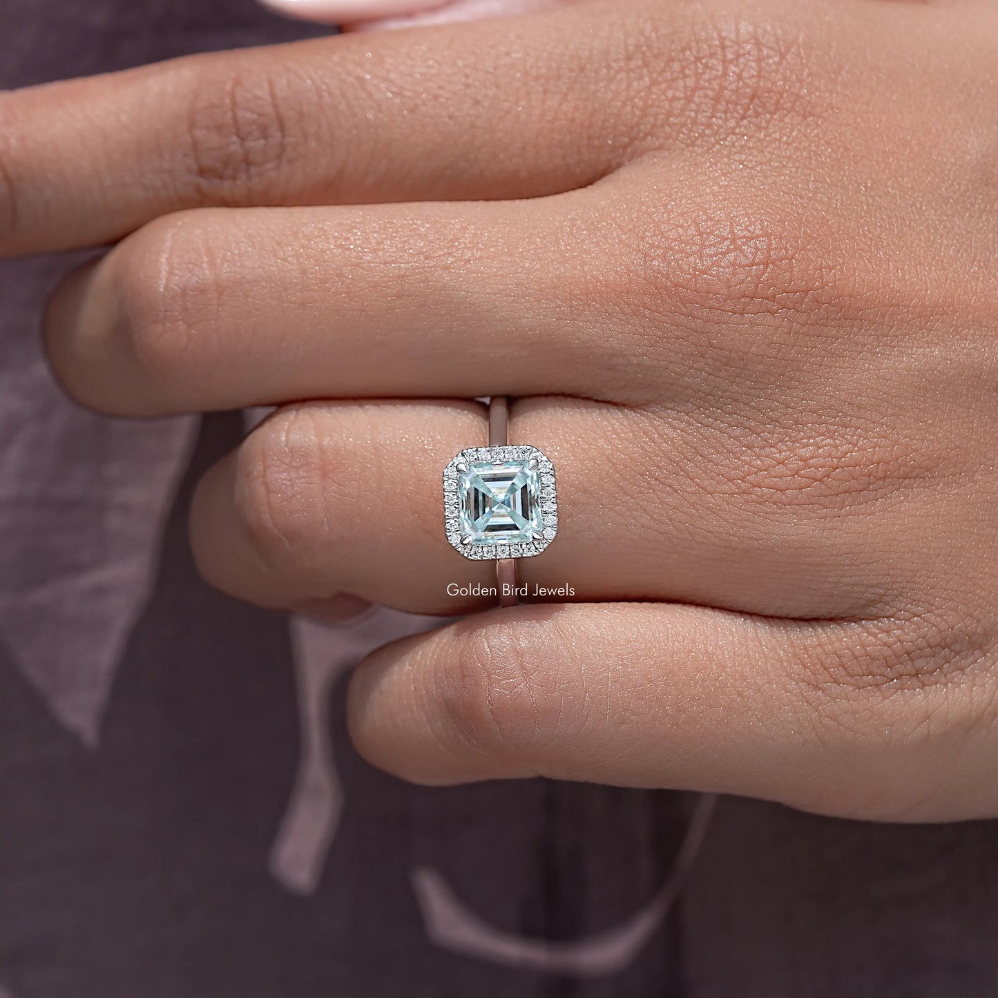 Asscher Cut Moissanite Gemstone Halo Wedding Ring