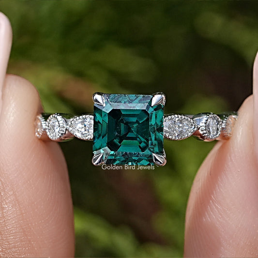 Green Asscher Moissanite Gemstone Engagement Ring