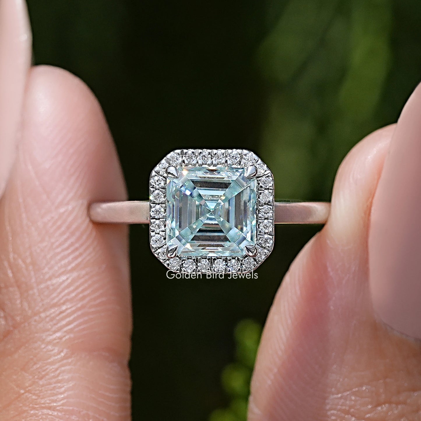 Asscher Cut Moissanite Gemstone Halo Wedding Ring
