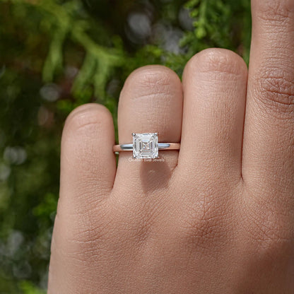 Asscher Cut Moissanite Gemstone Hidden Halo Ring