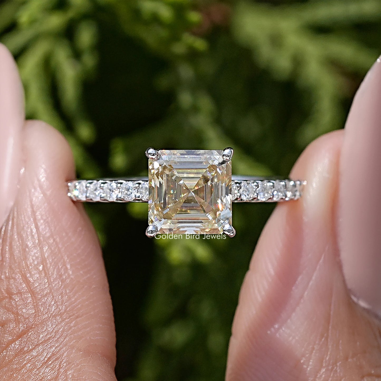 Yellow Asscher Cut Moissanite Gemstone Accent Ring
