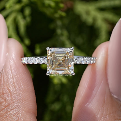 Yellow Asscher Cut Moissanite Gemstone Accent Ring