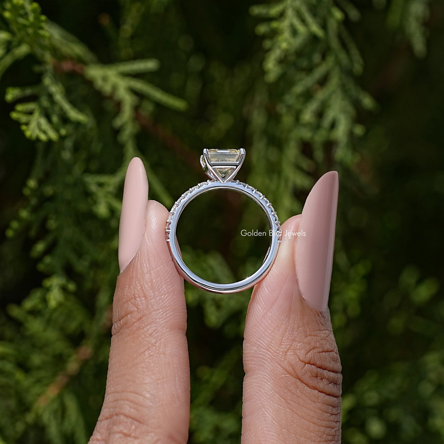 Yellow Asscher Cut Moissanite Gemstone Accent Ring