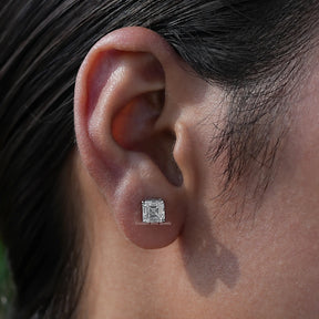 In-Ear view of Asscher Cut lab diamond Stud Earrings