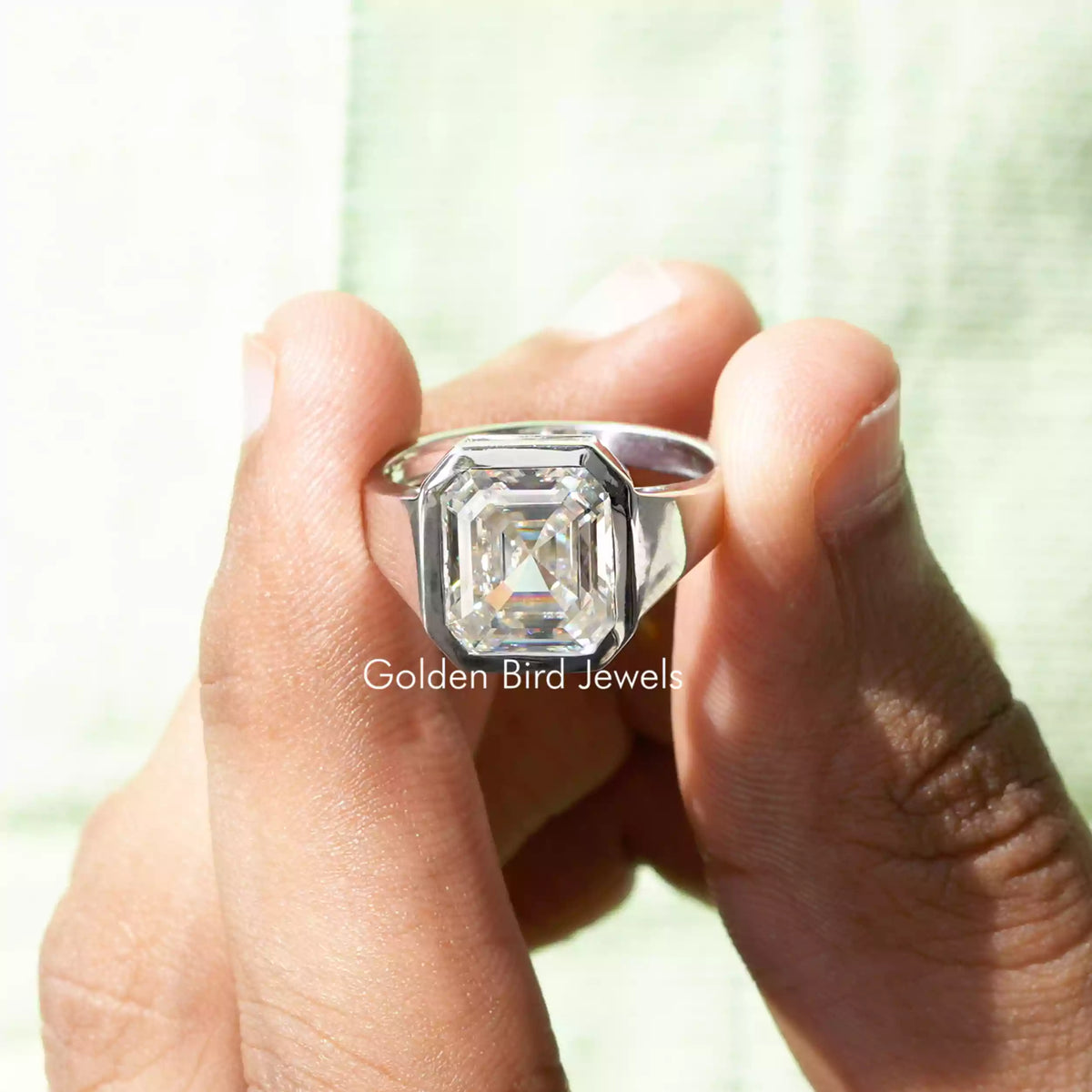 View of Asscher cut moissanite  Men's bezel Ring 