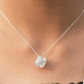 View of colorless asscher moissanite solitaire pendant 