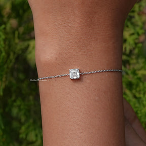 In the front view of diamond asscher Shape Bracelet
