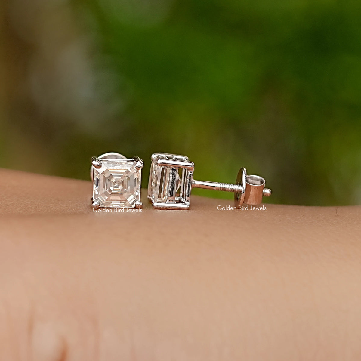 Asscher Cut Moissanite White Gold Stud Earrings