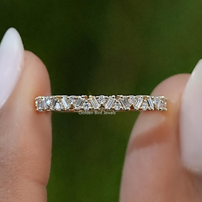 Gold-tone half eternity band ring with baguette and round lab diamonds