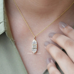 View of baguette and bullet cut moissanite pendant 