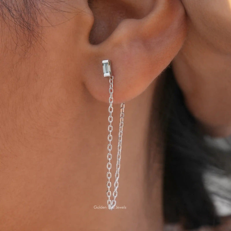 Baguette Moissanite Dangle Chain Earrings