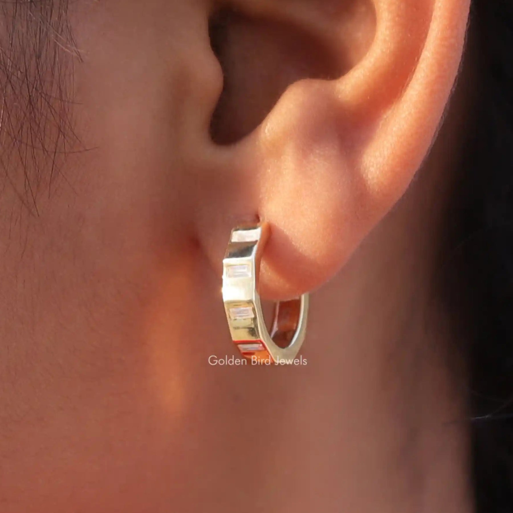 [Yellow Gold Baguette Cut Moissanite Earrings]-[Golden Bird Jewels]