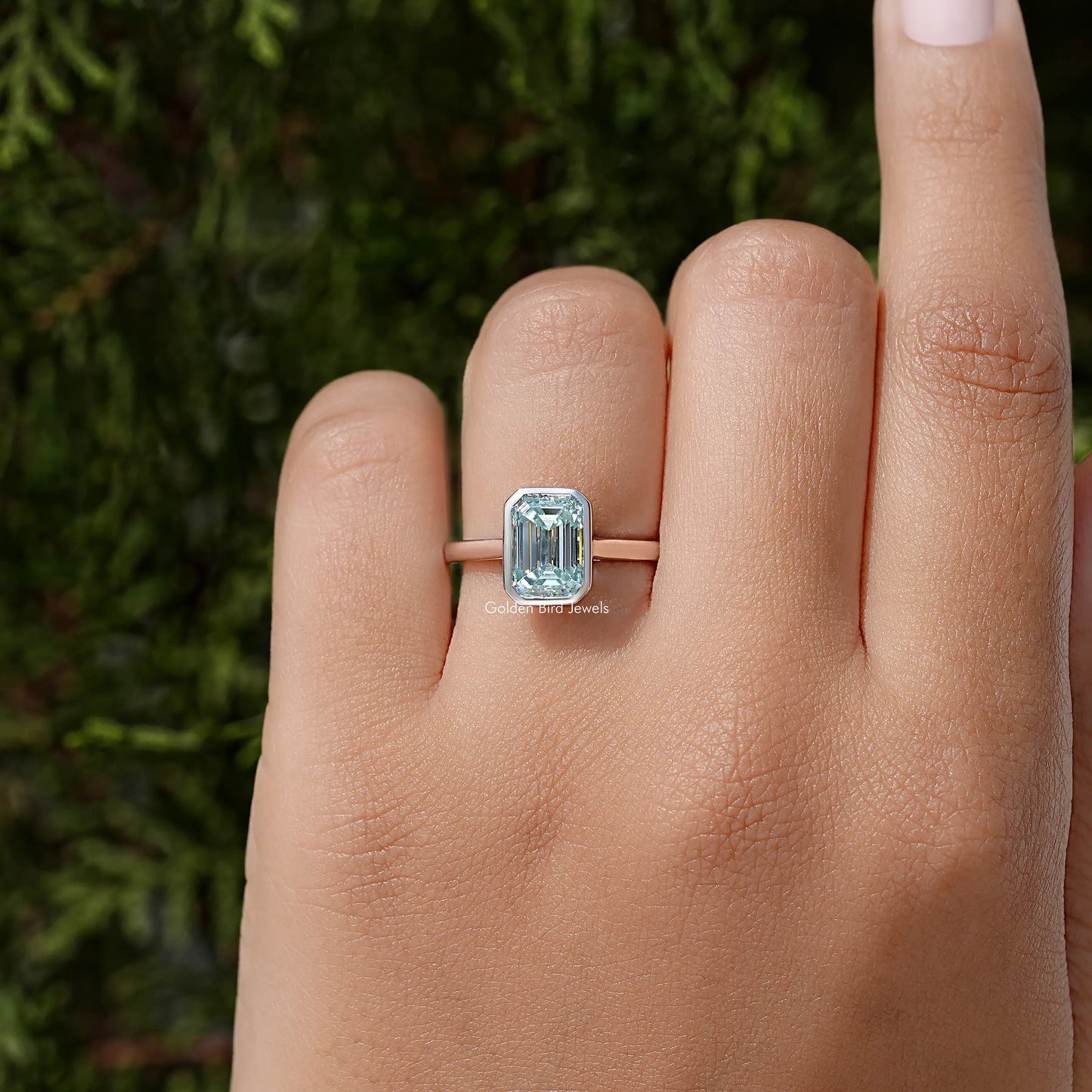 Blue Emerald Gemstone Bezel Set Moissanite Ring