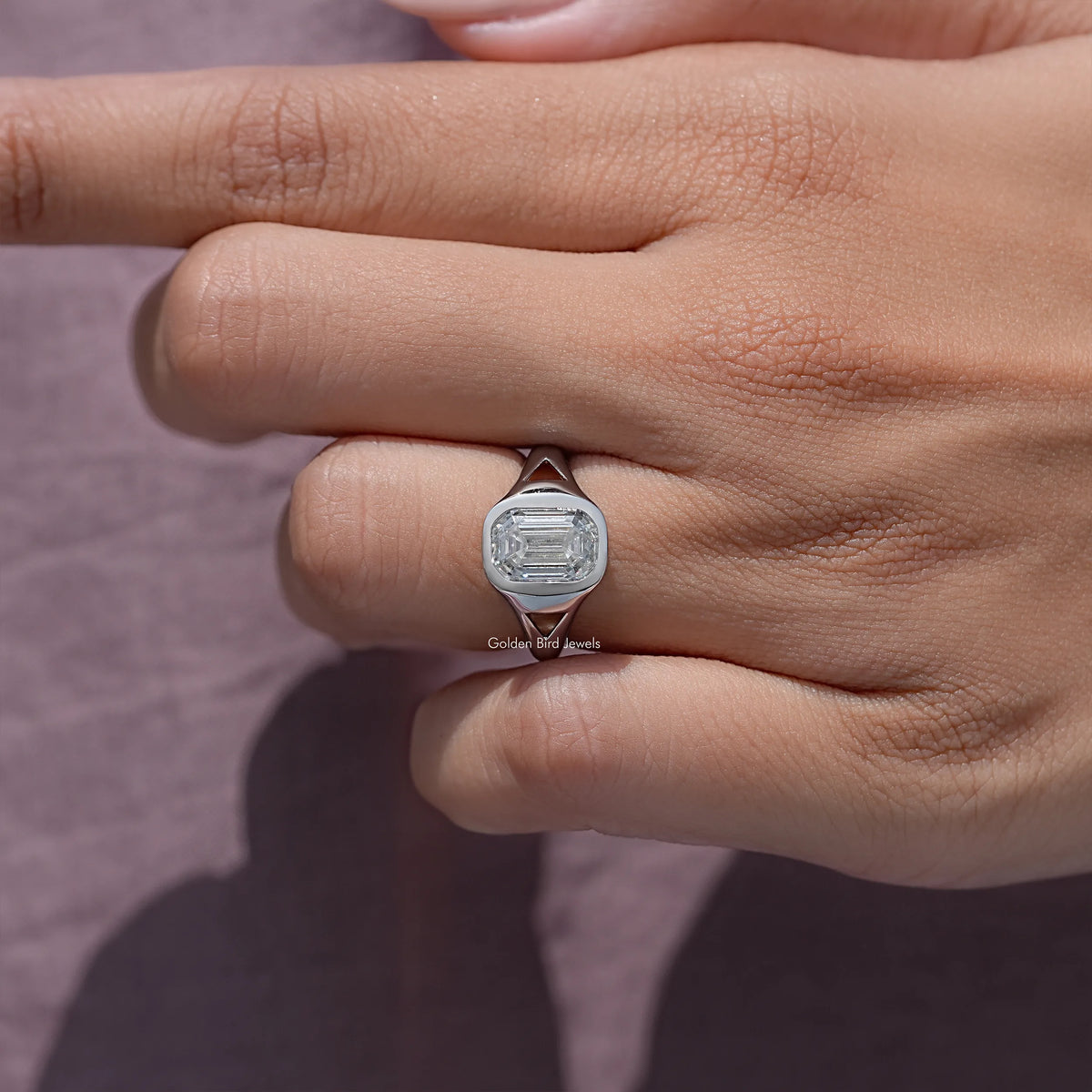Emerald Cut Moissanite Bezel Set Engagement Ring