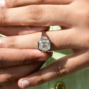 Close view of moissanite ring in a secure setting 