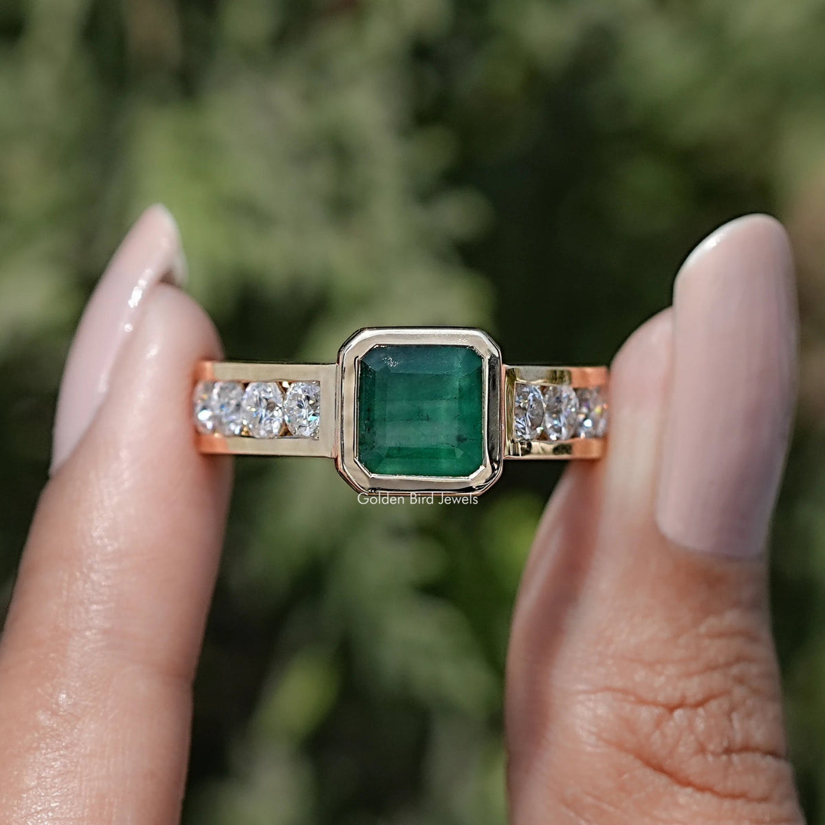 Front view of Bezel Set Asscher Gemstone Accent Engagement Ring	