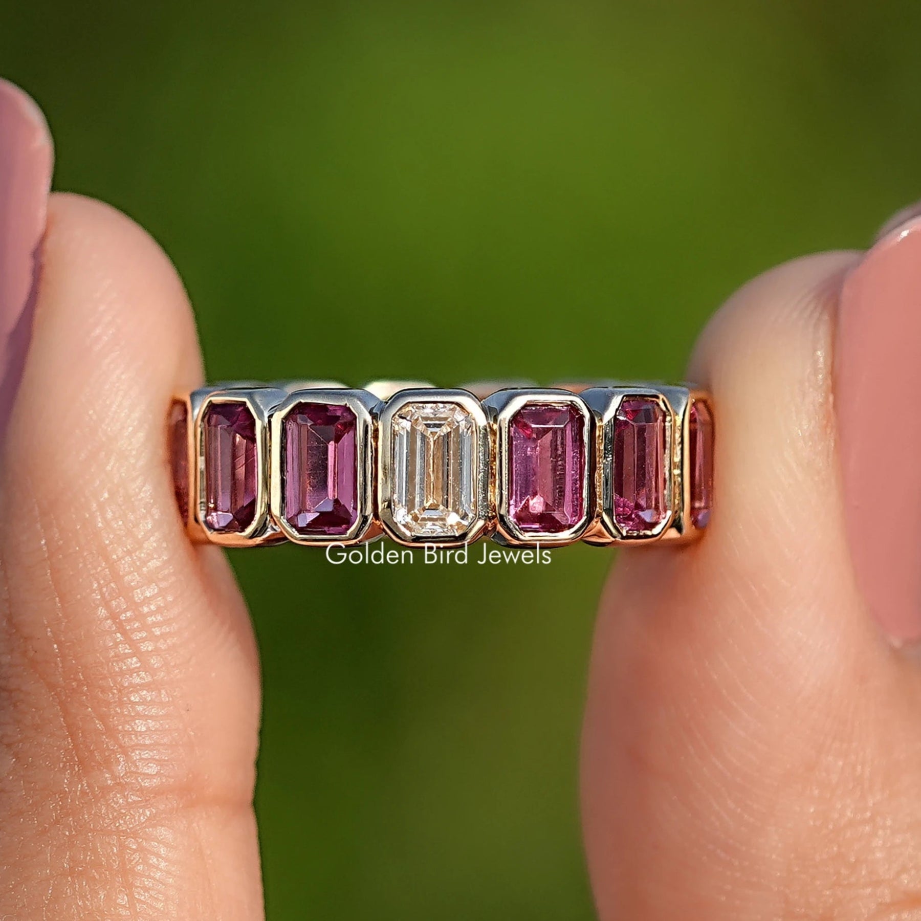 Bezel Set Emerald Gemstone Eternity Band