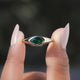 Two fingers holding the Green Marquise Cut Bezel Set Moissanite Ring