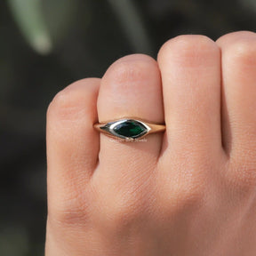 Close-Up View of Green Marquise Cut Moissanite Ring In White Gold