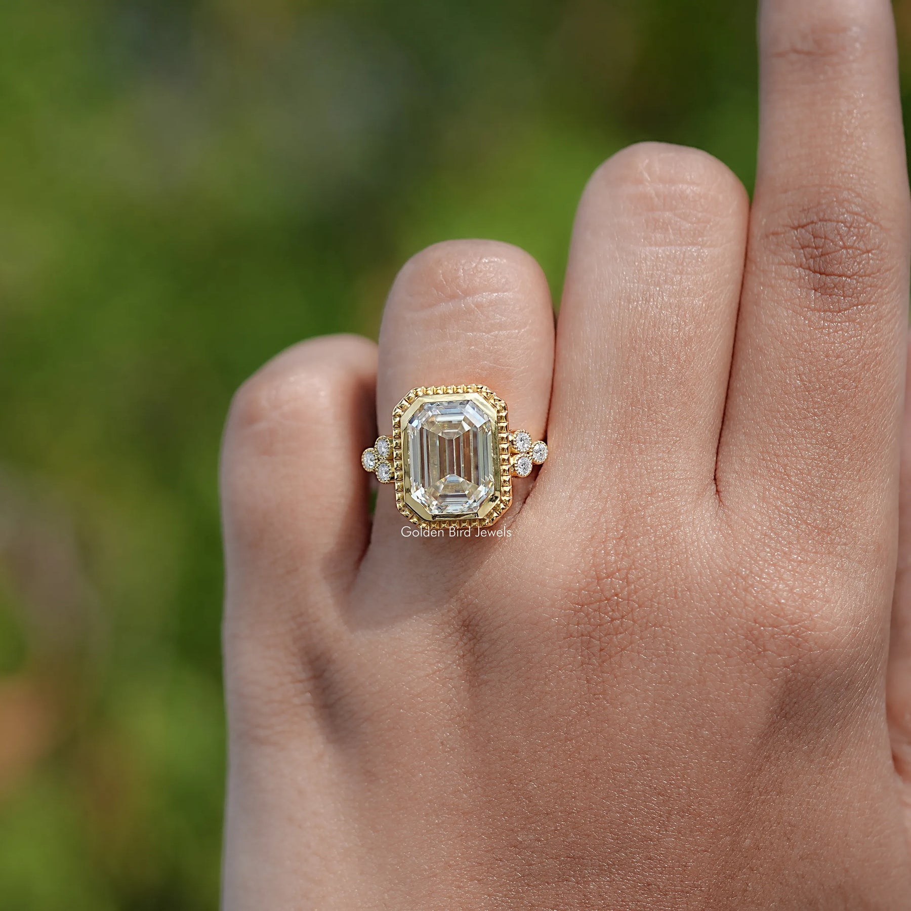 Bezel Set Old Mine Emerald Moissanite Ring