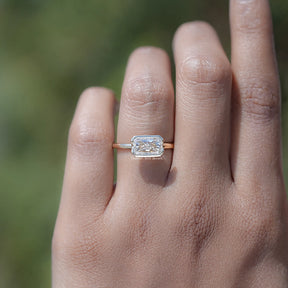 In finger view of Radiant Cut Moissanite Solitaire Ring