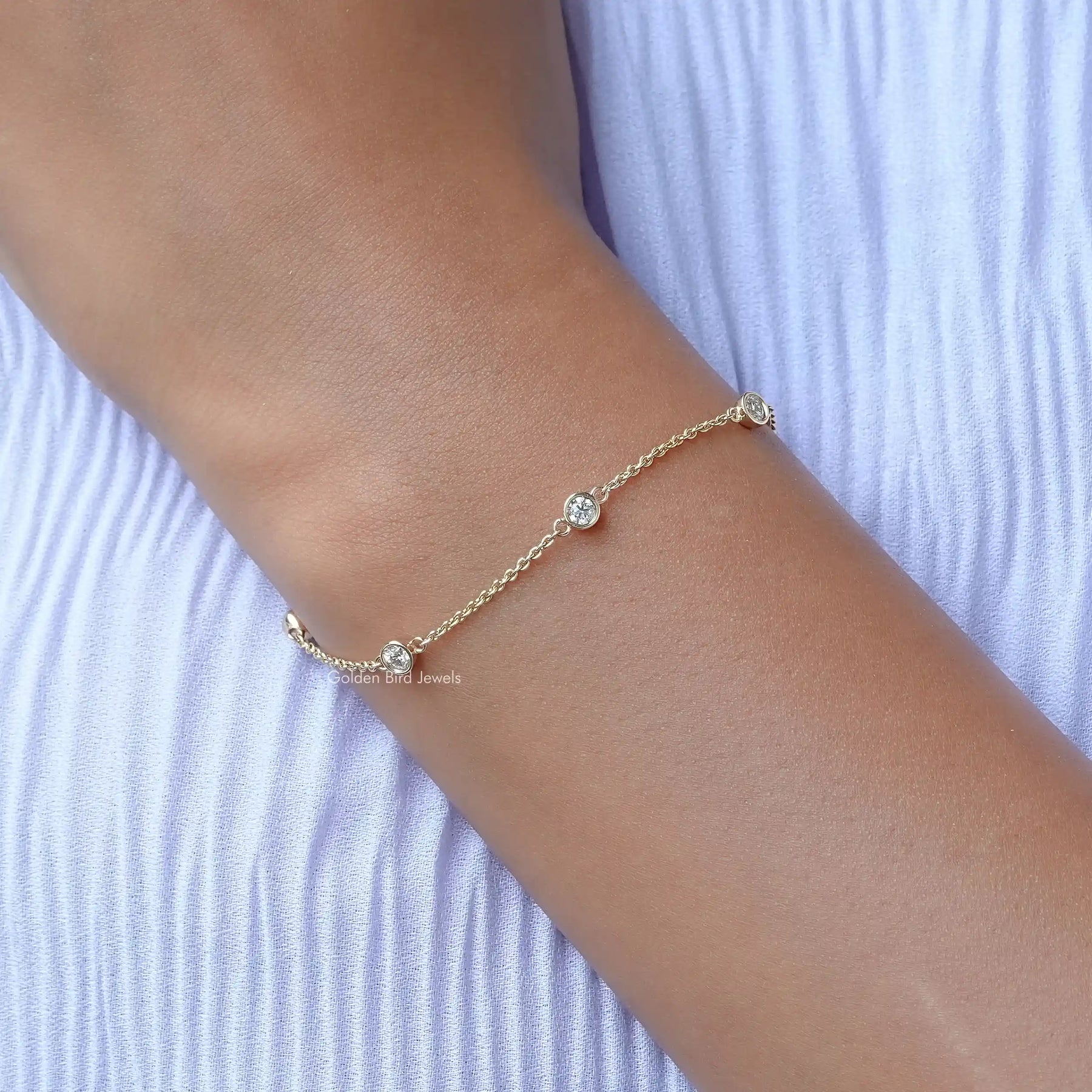 Close view of  moissanite chain bracelet in secure setting 