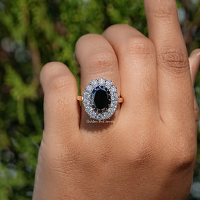 Black Oval Shape Moissanite Halo Engagement Ring