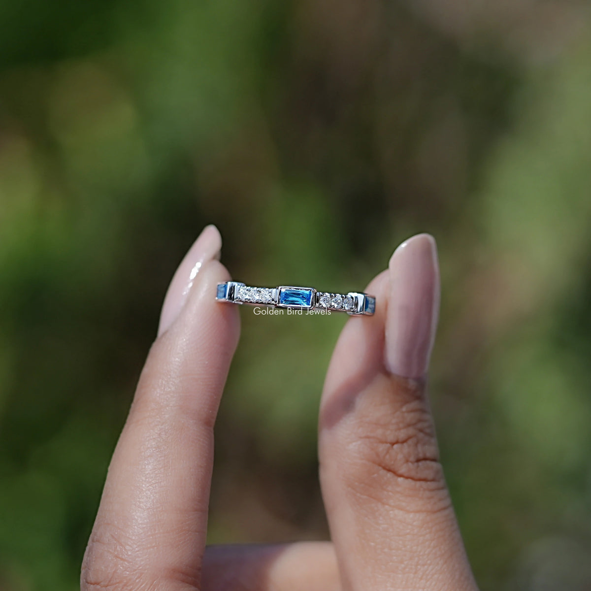 Front view of Blue Baguette Gemstone Eternity Band  