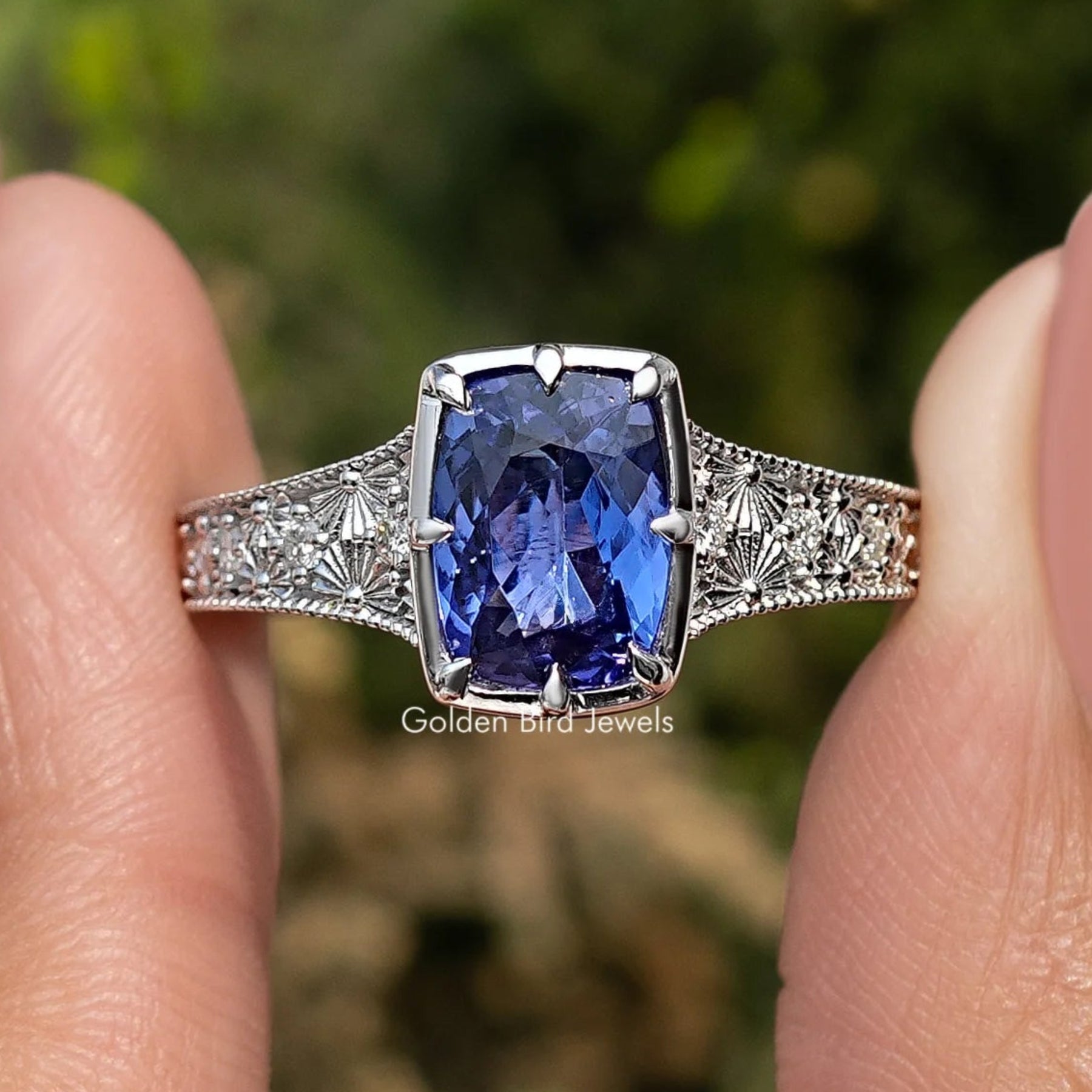 Blue Cushion Cut Gemstone Accent Ring