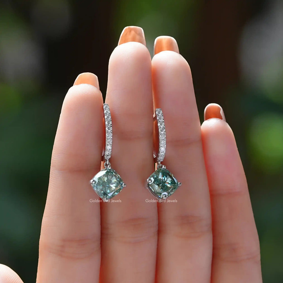 Cushion Cut Blue Green Moissanite Drop Dangle Earrings
