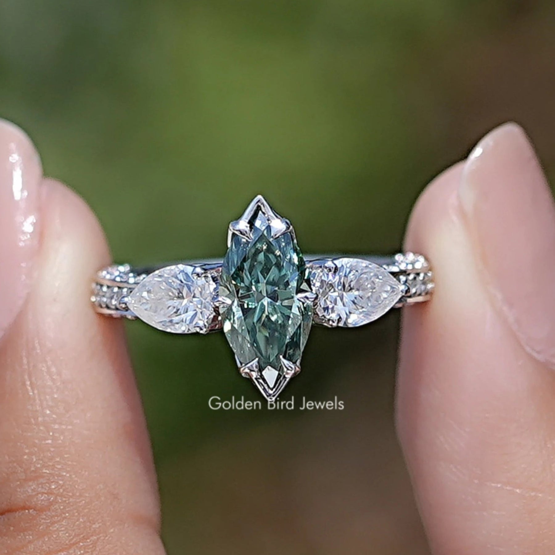 Blue Marquise Cut Moissanite Three Stone Ring