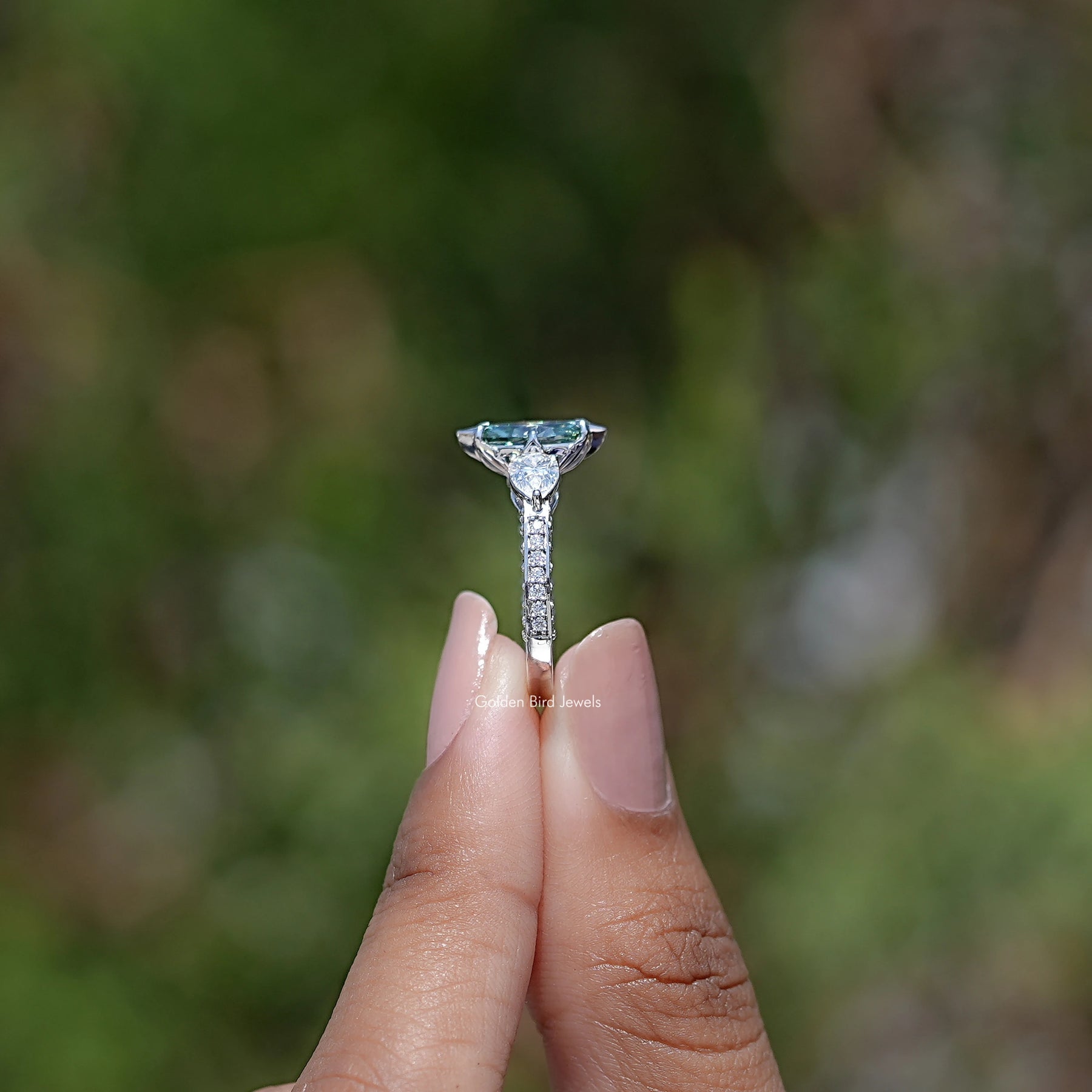 Blue Marquise Cut Moissanite Three Stone Ring